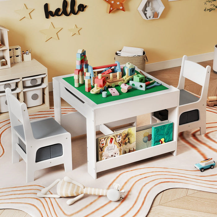 4 in 1 Kids Table and Chair Set with Reversible Graffiti and Building Blocks Tabletop