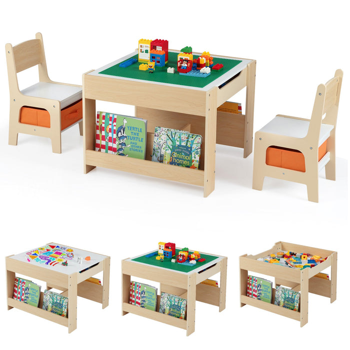 4 in 1 Kids Table and Chair Set with Reversible Graffiti and Building Blocks Tabletop