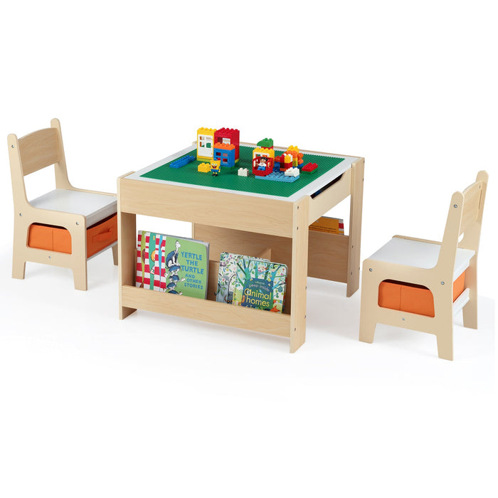 4 in 1 Kids Table and Chair Set with Reversible Graffiti and Building Blocks Tabletop