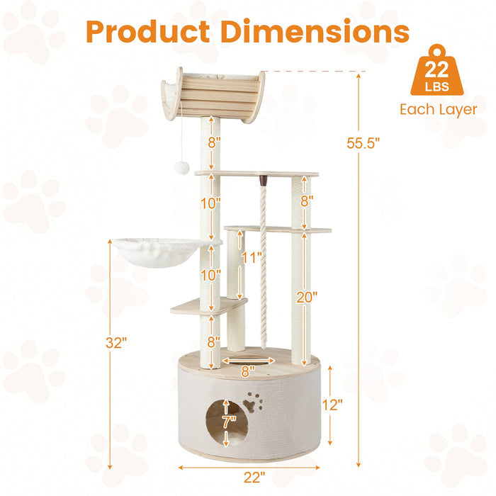 55.5 Inches Tall Wooden Cat Tree with Washable Plush Cushions for Indoor Cats
