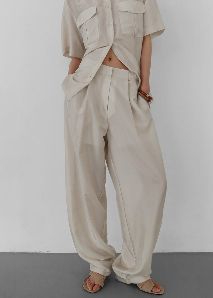 Aduna Satin Pleated Trousers - Light Beige