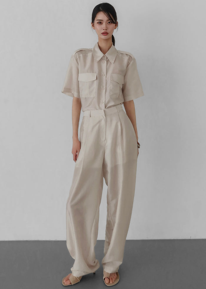 Aduna Satin Pleated Trousers - Light Beige
