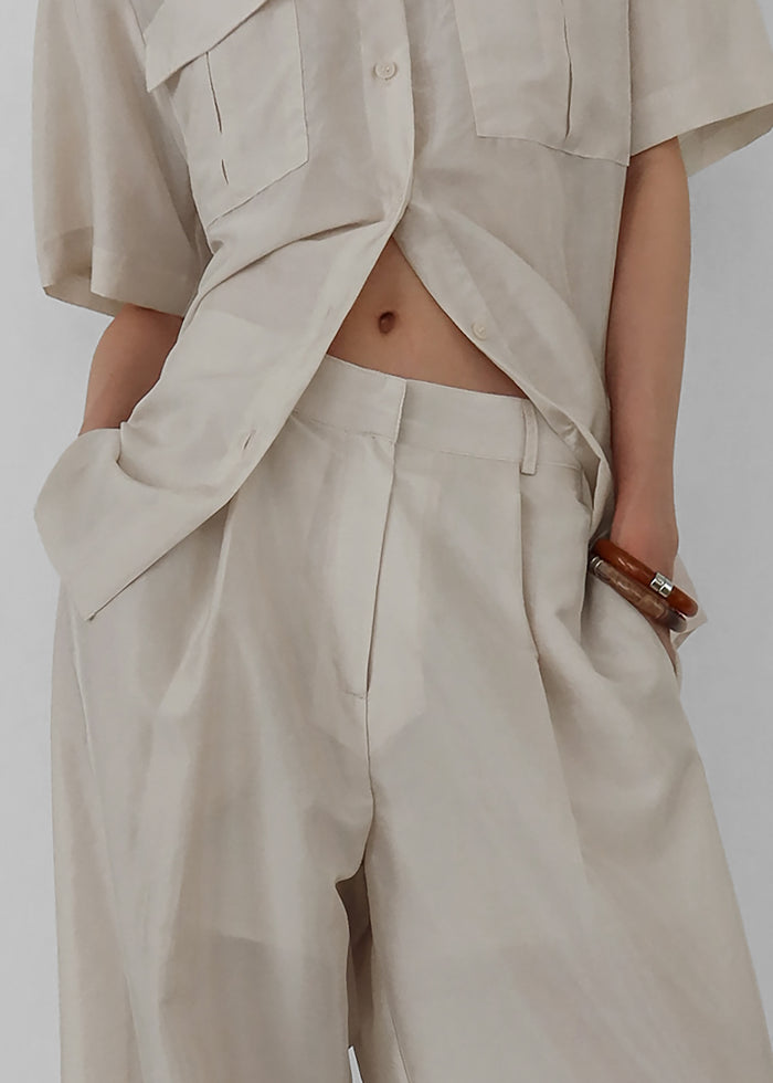 Aduna Satin Pleated Trousers - Light Beige