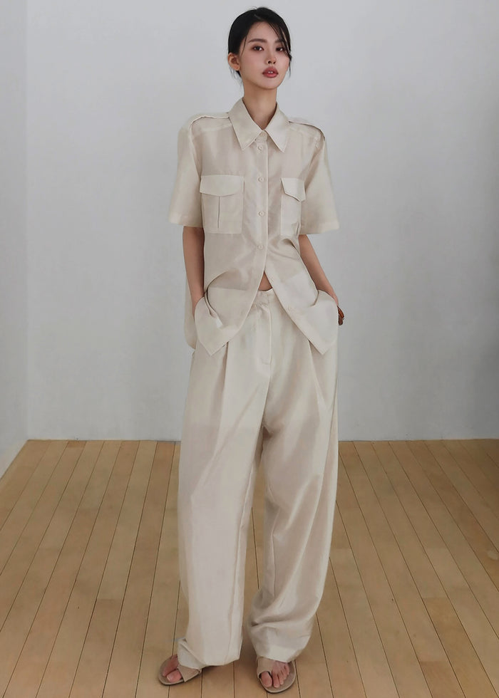 Aduna Satin Pleated Trousers - Light Beige