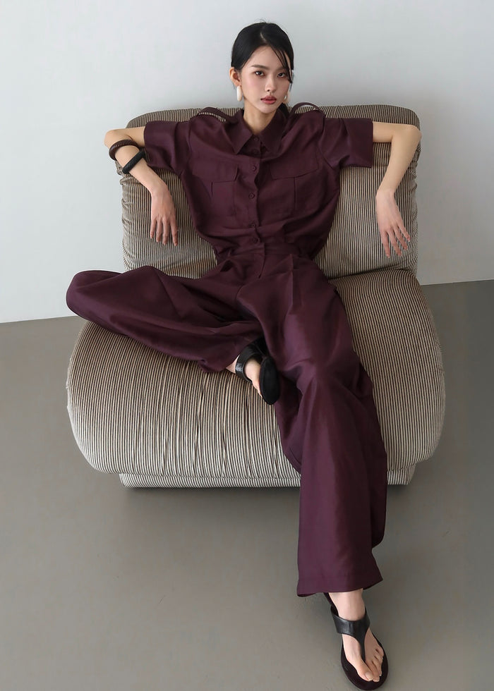 Aduna Satin Utility Shirt - Burgundy