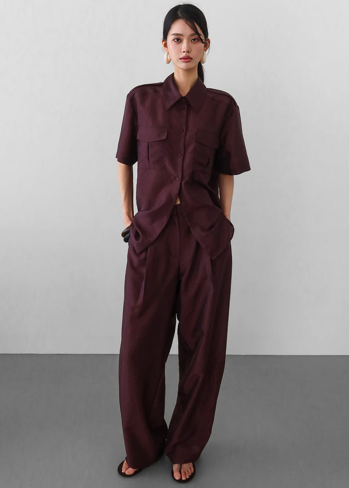 Aduna Satin Utility Shirt - Burgundy