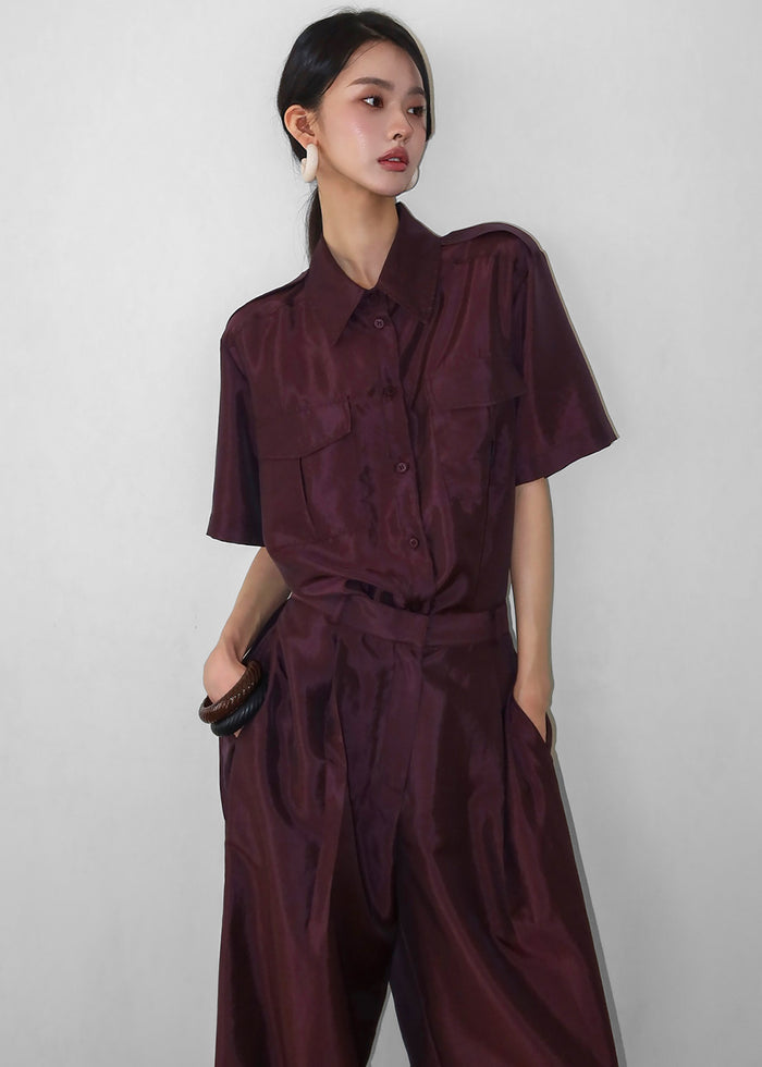 Aduna Satin Utility Shirt - Burgundy