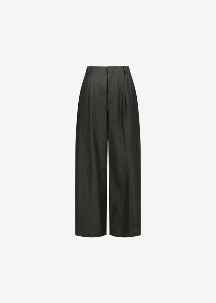 Amomento Linen Two Tuck Wide Pants - Khaki Grey