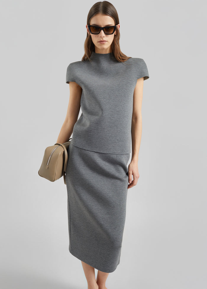 Anya Neoprene Sculpted Sleeve Top - Grey Melange