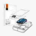 AFL08579 - Apple Watch 10 (46mm) EliteShield EZ Fit in Clear showing the top of the tray hovering above the screen protector and installation watch holder, beside it is the packaging