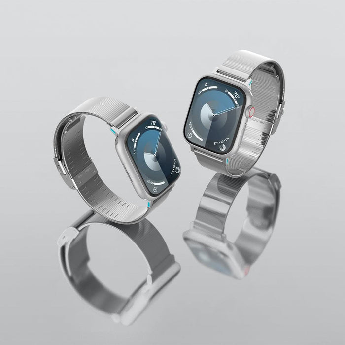 AMP07225 - Apple Watch (41mm) Sleek Link in Silver showing the front and sides of 2 watches facing each other