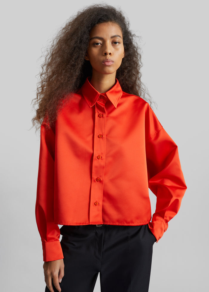Arlen Satin Boxy Shirt - Coral Red
