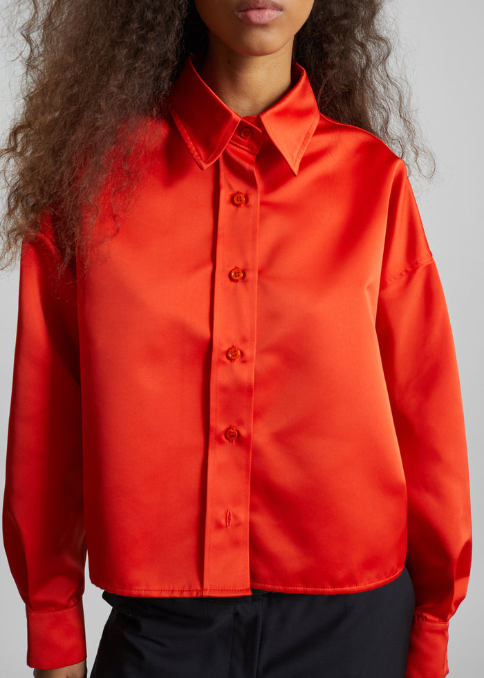 Arlen Satin Boxy Shirt - Coral Red