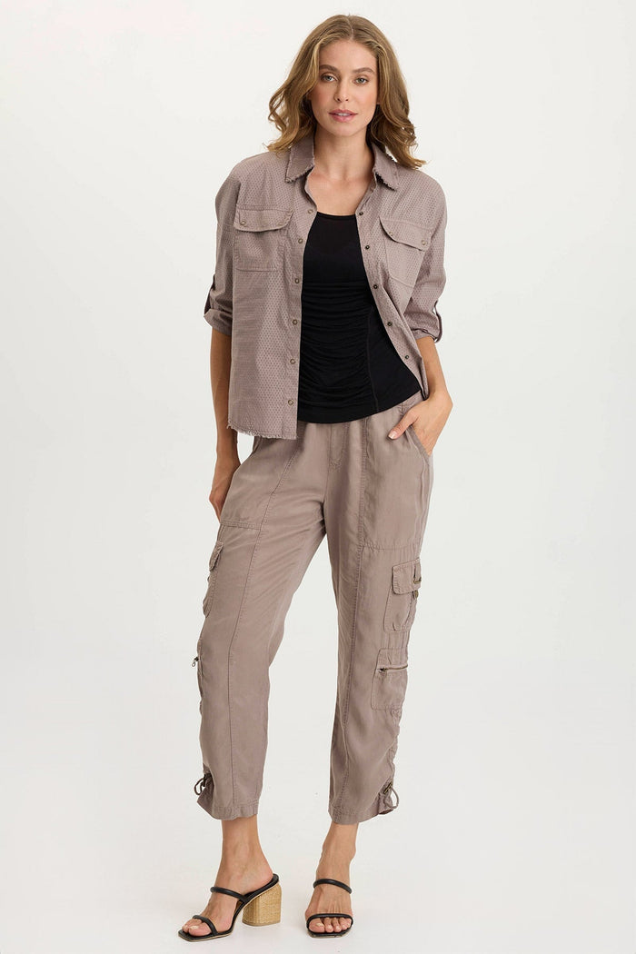 XCVI Arvin Perforated Poplin + Jersey Tabbed 3/4-Sleeve Snap-Up Top