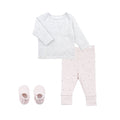 flatlay_roundel_signature_fabric grey baby t-shirt, leggings and baby booties made from organic materials