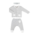 flatlay_roundel_signature_fabric MORI grey stripe baby Headband, Cardigan and Yoga Pants made from organic cotton and bamboo fabrics