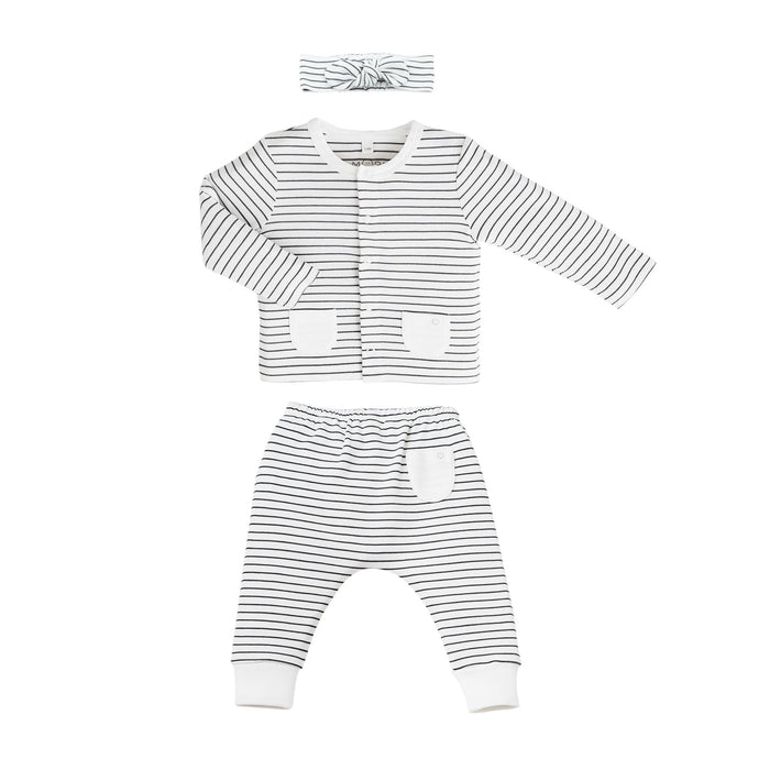 flatlay_roundel_signature_fabric MORI grey stripe baby Headband, Cardigan and Yoga Pants made from organic cotton and bamboo fabrics