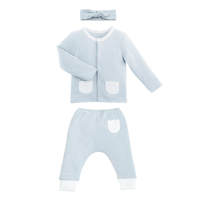 flatlay_roundel_signature_fabric mori blue headband, cardigan and yoga pants made from organic cotton and bamboo
