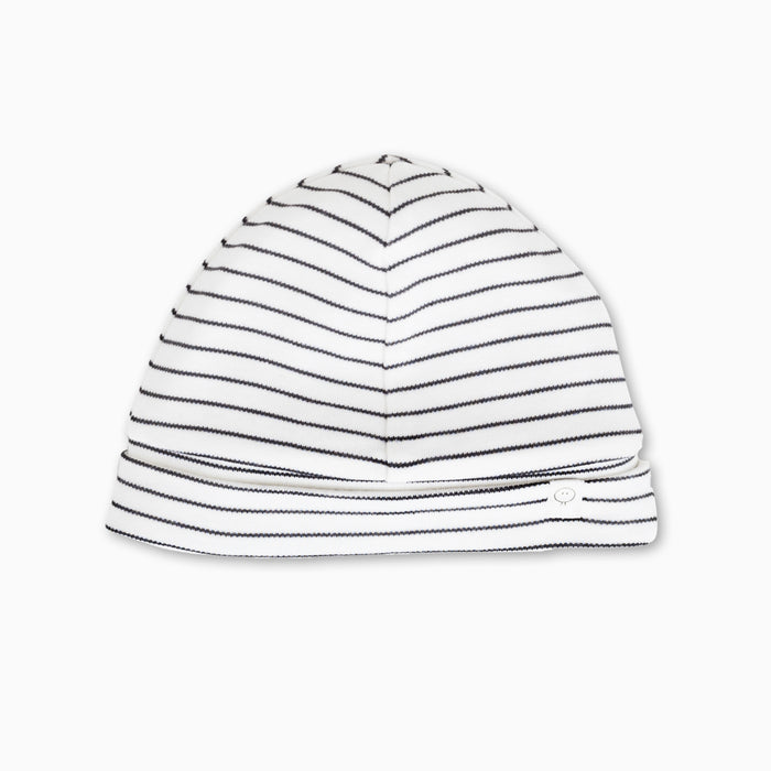flatlay_roundel_signature_fabric grey stripes organic cotton baby hat from mori hover_1