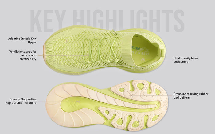 Begin Walk Soothe Lace Ups for Women : Lime knit shoes adaptive stretch-knit upper casual fit lime ventilation zones for airflow dual-density foam cushioning top and bottom views pressure-relieving rubber pad buffers