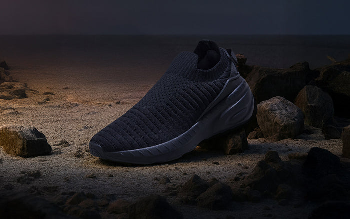 Begin Walk Trek For Men : Black knit shoes slip-on style black lightweight outdoor wear side view
