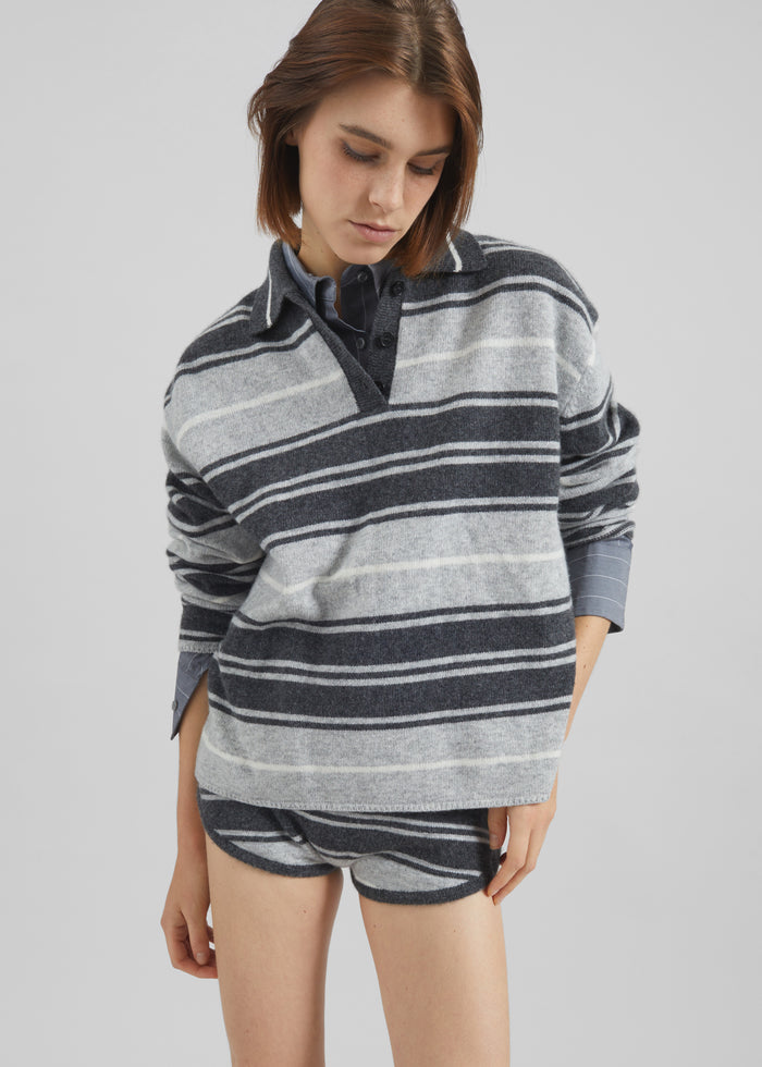 Belize Knit Polo Sweater - Grey Stripe