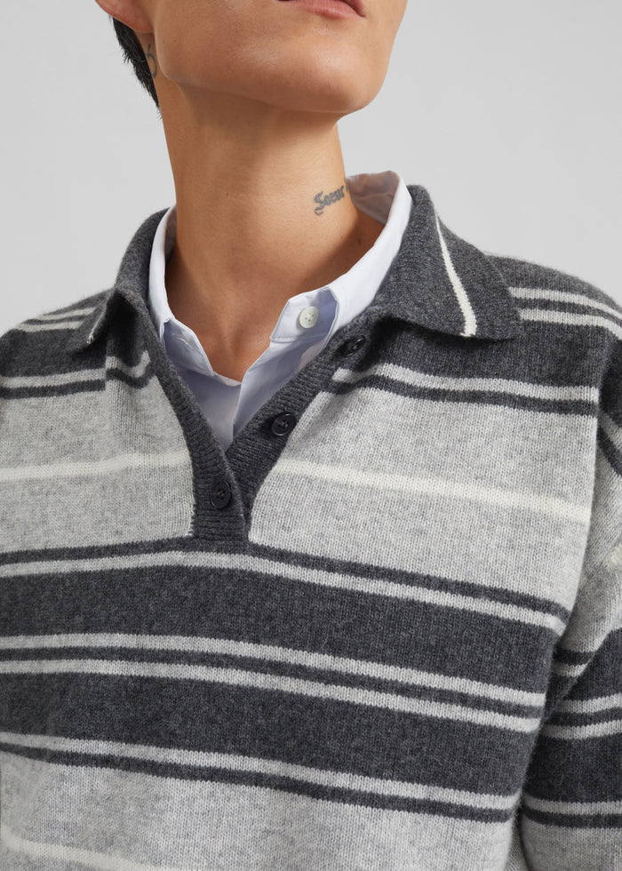 Belize Knit Polo Sweater - Grey Stripe