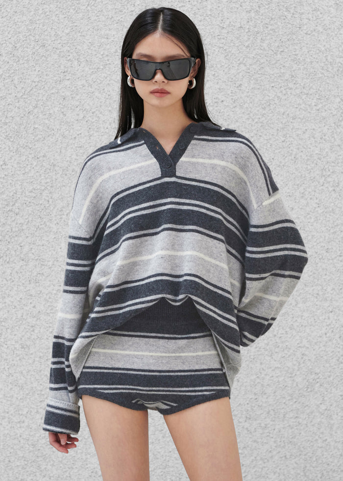 Belize Knit Polo Sweater - Grey Stripe