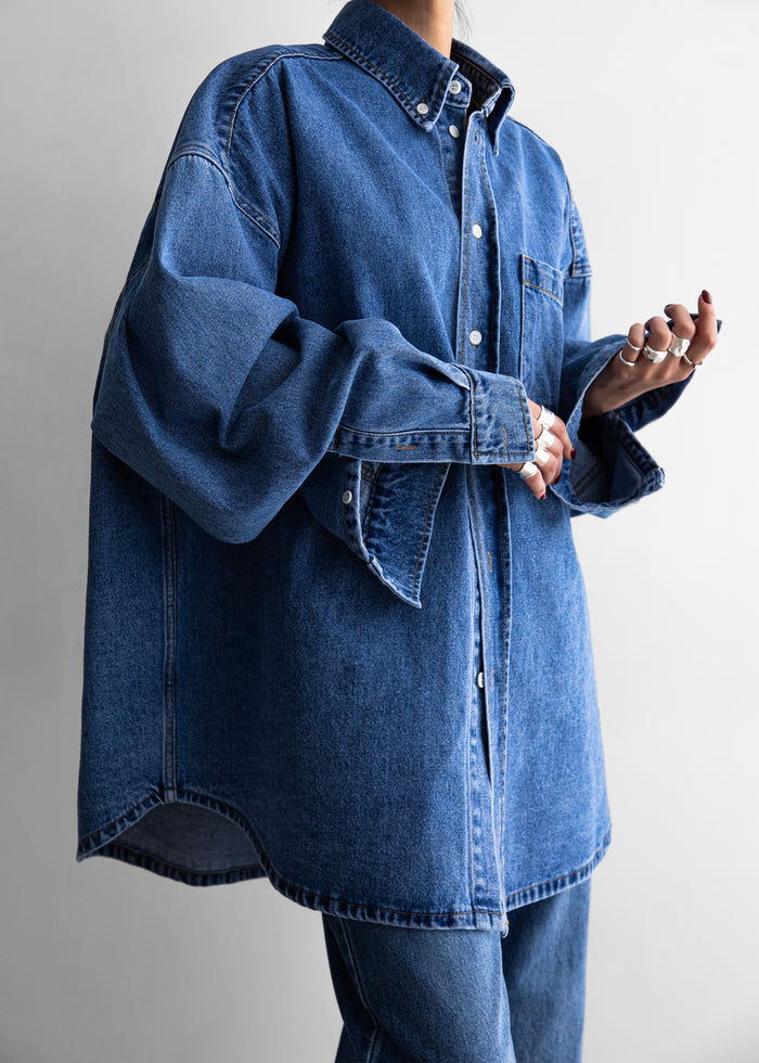 Belvis Oversized Denim Shirt - Medium Wash