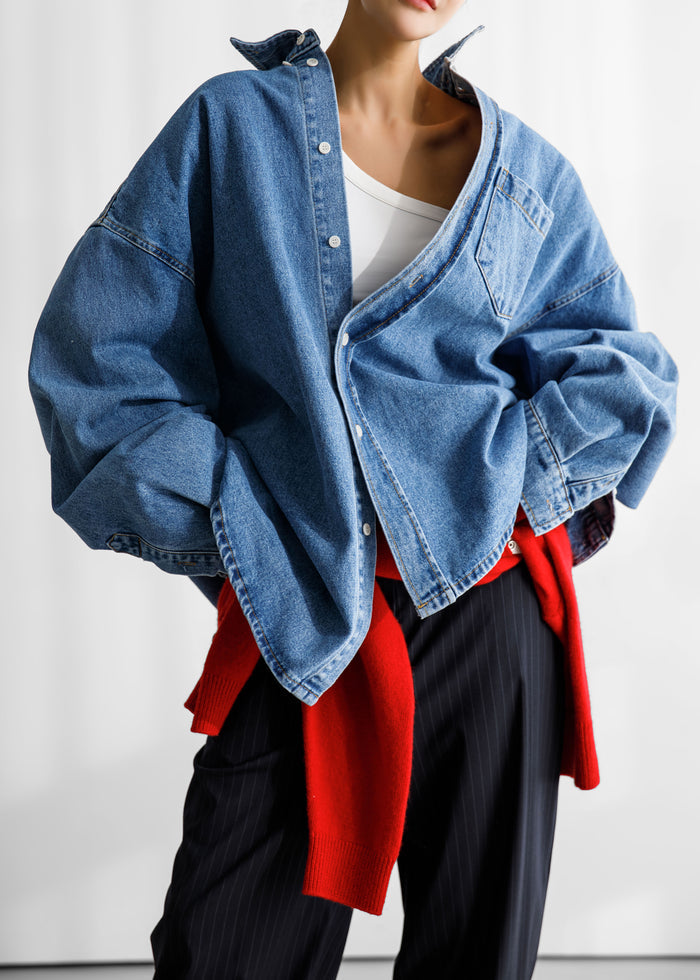 Belvis Oversized Denim Shirt - Medium Wash