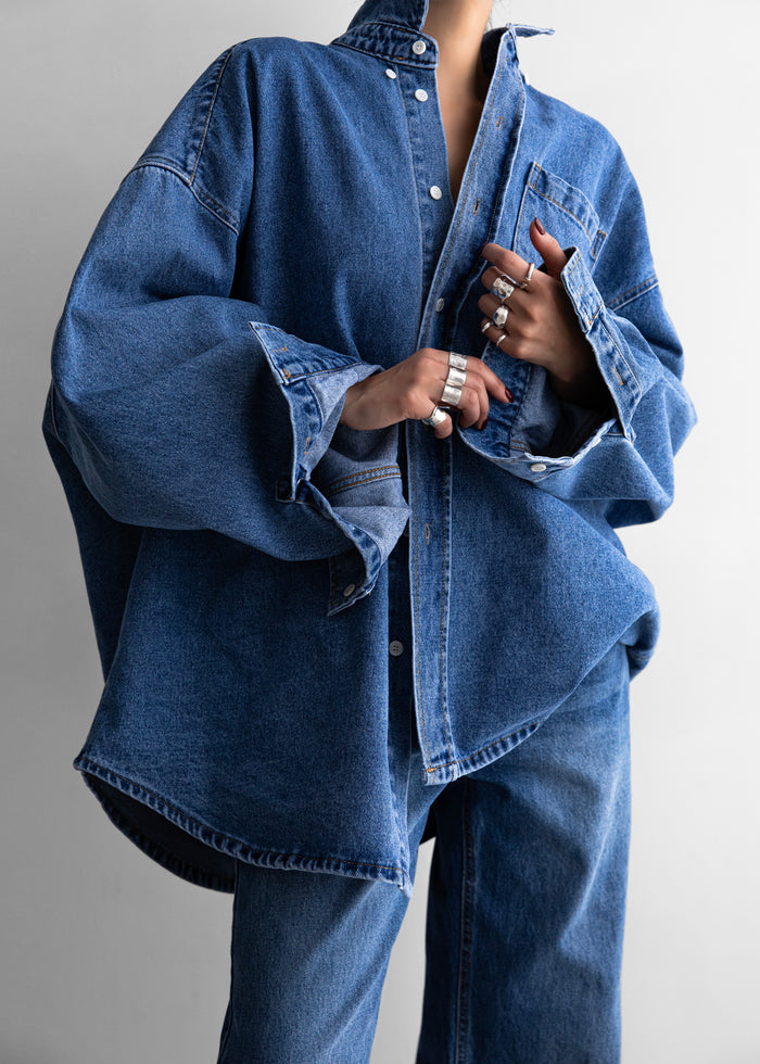 Belvis Oversized Denim Shirt - Medium Wash