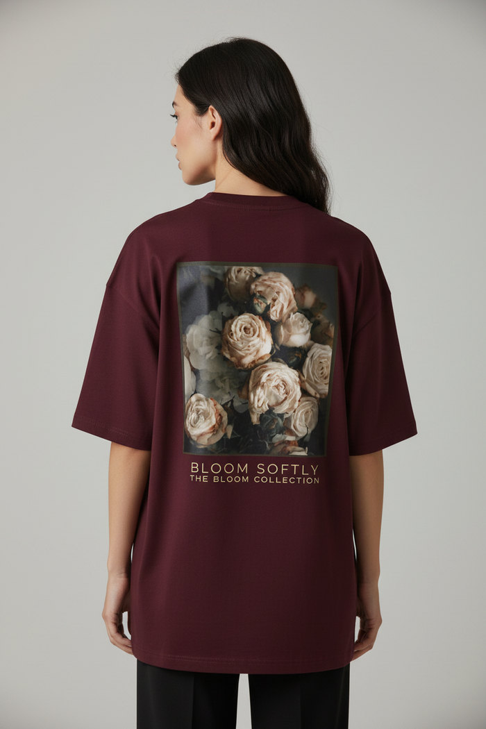Female model back view Bloom Softly tee