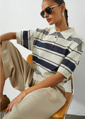 Bolea Knit Polo Top - Beige/Navy Stripe