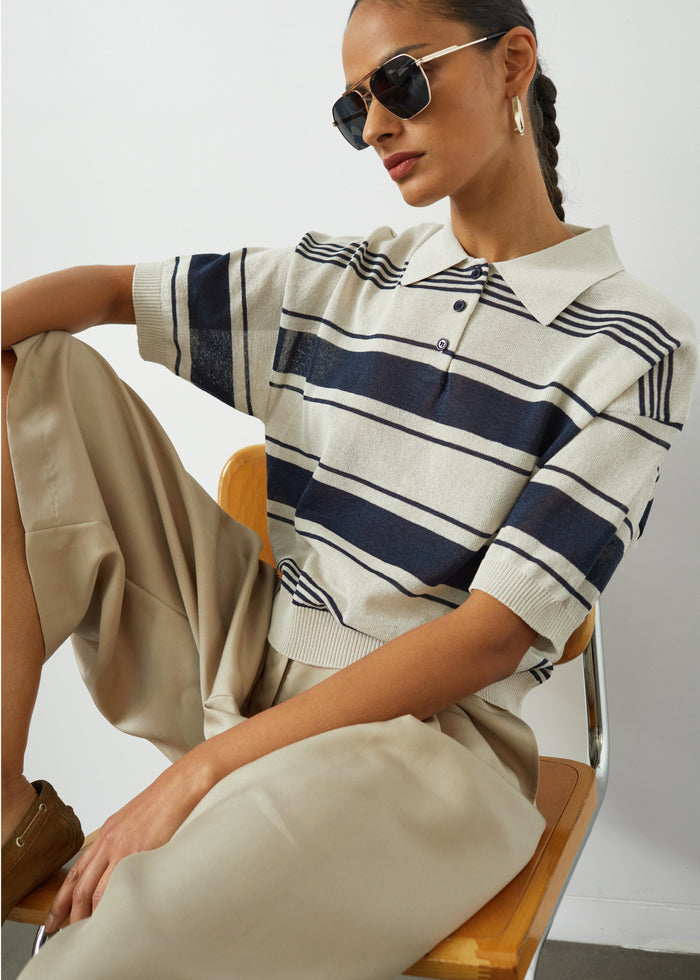 Bolea Knit Polo Top - Beige/Navy Stripe