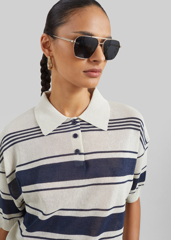 Bolea Knit Polo Top - Beige/Navy Stripe