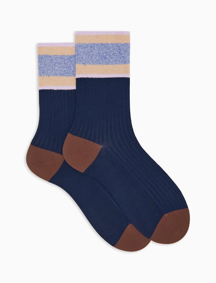 Calze corte donna cotone blu tinta unita a coste polso righe effetto scintillante