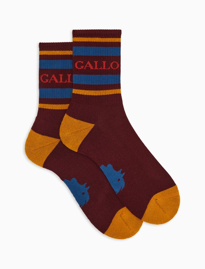 Calze corte unisex spugna di cotone bordò con righe e scritta gallo