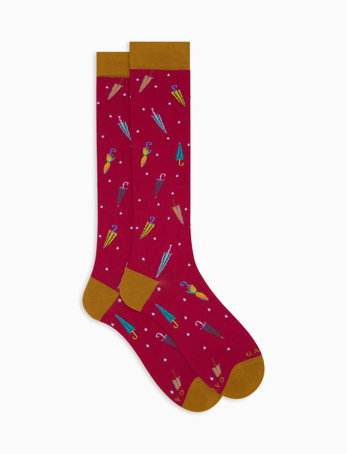 Calze lunghe donna cotone fucsia fantasia ombrelli colorati - Gallo 1927 - Official Online Shop