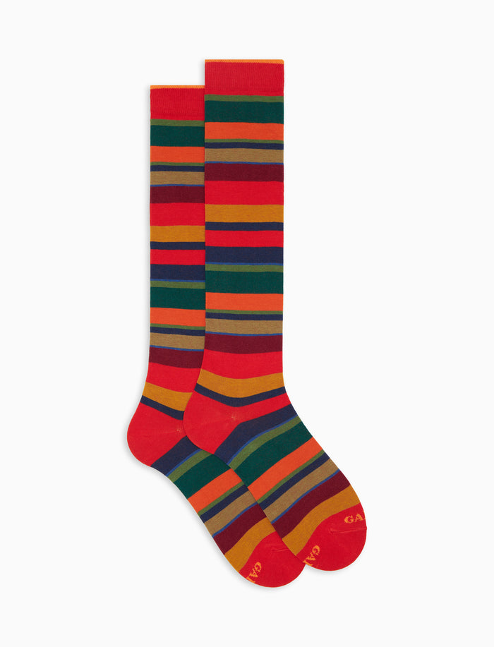 Calze lunghe donna cotone rosso righe multicolor - Gallo 1927 - Official Online Shop