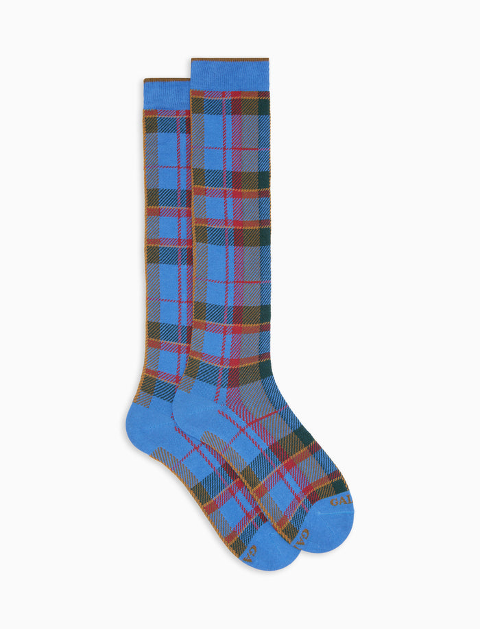 Calze lunghe uomo cotone caldo azzurre fantasia tartan