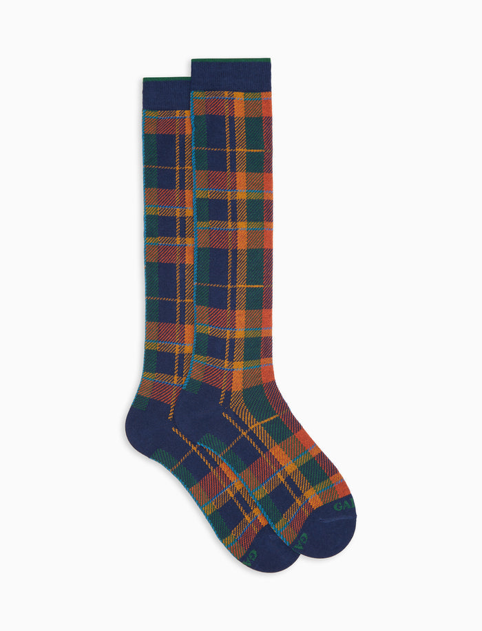 Calze lunghe uomo cotone caldo blu fantasia tartan