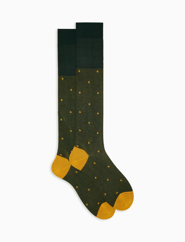 Calze lunghe uomo cotone verde fantasia pois su cangiante