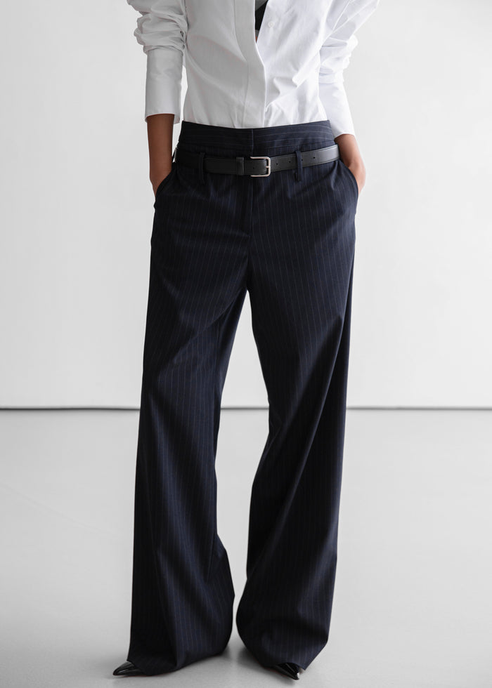 Camlez Low Belt Loop Trousers - Navy Pinstripe