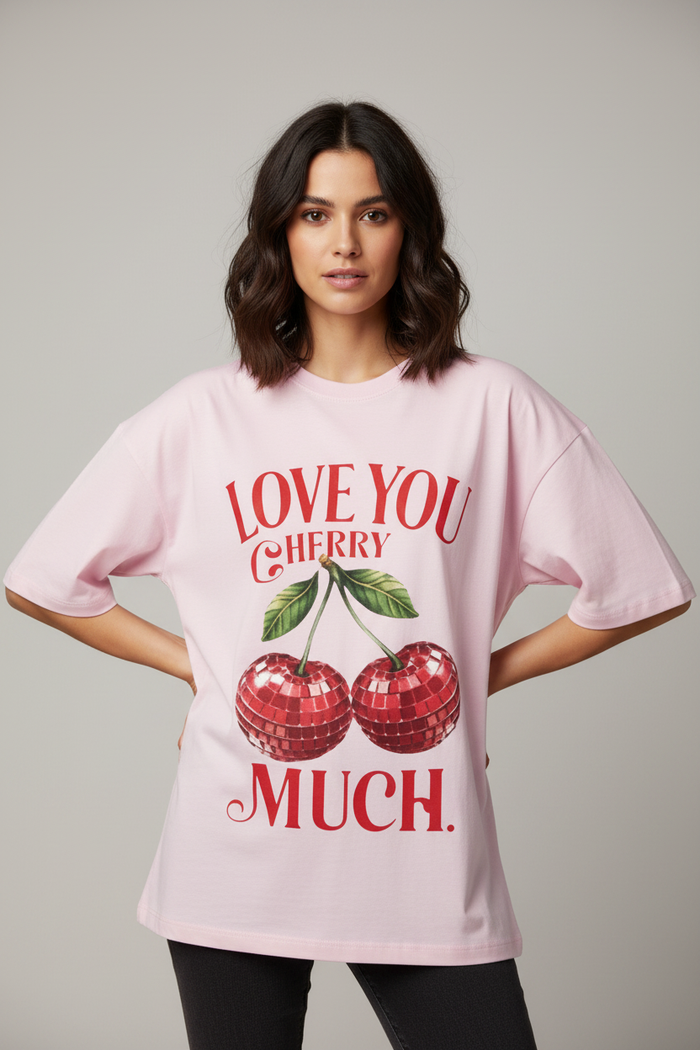 Model wearing pink Cherry Much tee