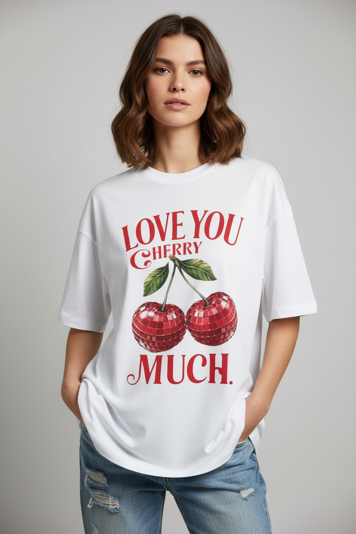 Model wearing white Cherry Much tee