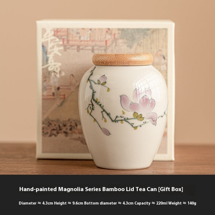 Chinese Hand-painted Ceramic Food Storage Jar Sealed Storage Portable Moisture-proof Bamboo Cover