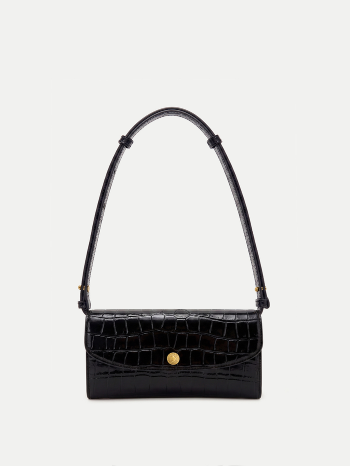 Veronica Beard Black crocodile embossed leather shoulder bag with gold clasp.