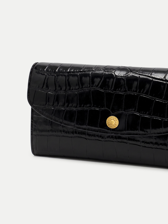 Veronica Beard Black crocodile-embossed leather wallet with gold snap closure.