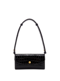 Veronica Beard Black crocodile-embossed leather shoulder bag with gold button closure.