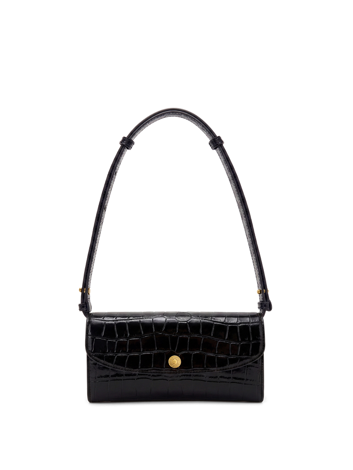 Veronica Beard Black crocodile-embossed leather shoulder bag with gold button closure.